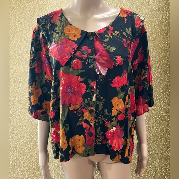 Vintage 80’s plus size floral boxy button up top collared - Picture 1 of 6